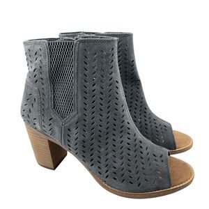 TOMS Women’s Majorca Ankle Booties Size 9 Gray Suede Peep Toe Cutout Block Heel